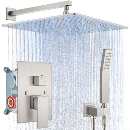 Aolemi Shower Faucet Set with Valve Handheld 16" LED Head Brushed Nickel | Handheld Spray,16 Inch Rain LED Head,Valve and Trim Kit,All Metal,Wall Mount Shower System,Bathroom Mixer - color: Nickel, size: 16 Inch LED Shower Head