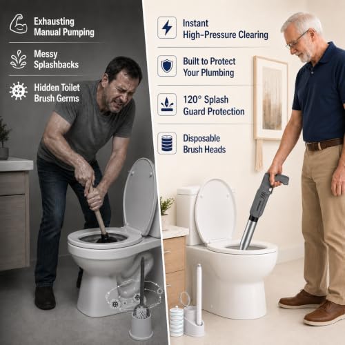 Electric Toilet Plunger and Disposable Brush Bundle, Heavy Duty High Pressure Air Unclogger Tool, 360° Toilet Wand Cleaning System with Caddy & 6 Refills