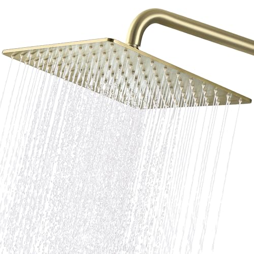 Solid Metal Large Rain Shower Head, Square High Flow Ceiling Rainfall Shower Head with Shower Arm and Flange, Reinforced Explosion-Proof Stainless Steel Construction (12-Inch, Brushed Gold) - color: Brushed Gold, size: 12 Inch