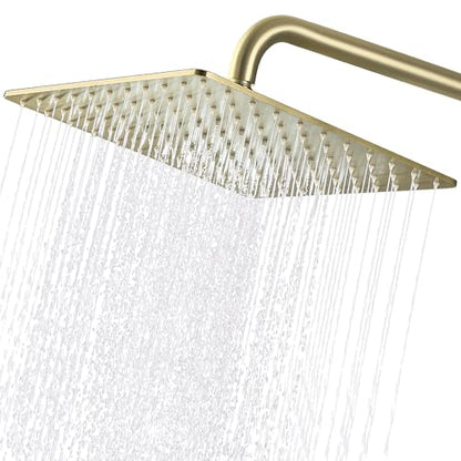 Solid Metal Large Rain Shower Head, Square High Flow Ceiling Rainfall Shower Head with Shower Arm and Flange, Reinforced Explosion-Proof Stainless Steel Construction (12-Inch, Brushed Gold) - color: Brushed Gold, size: 12 Inch