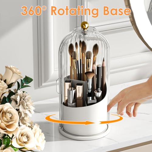 YOOLENS Makeup Brush Holder with Lid 360 Rotating Clear Dustproof Make Up Organizers for Vanity Bathroom Countertop, Transparent | with Lid - color: Transparent