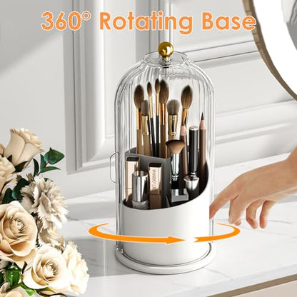 YOOLENS Makeup Brush Holder with Lid 360 Rotating Clear Dustproof Make Up Organizers for Vanity Bathroom Countertop, Transparent | with Lid - color: Transparent