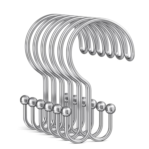 Bathway Shower Curtain Hooks Ring Chrome, 12 Pcs Double Sided Shower Hooks, Rust Proof Metal Shower Hooks for Bathroom, Anti-Drop Shower Rings for Shower Curtain & Liners - color: Chrome, style: Double-layer Shower Hooks