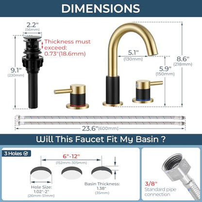 FGKQ 3-Hole 2-Handle Widespread Bathroom Sink Faucet, Black and Gold | Stainless steel, pop-up drain included, 360°swivel spout, for vanity sink 3-hole mount, 8-in widespread - color: 2-Brushed Gold & Black