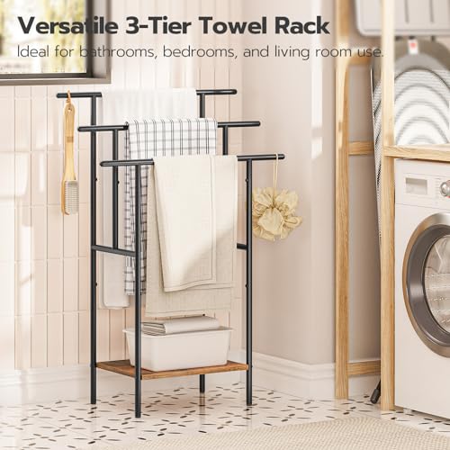 HOOBRO 39.4" Tall Freestanding Towel Rack for Bathroom, 3 Tier Stepped Blanket Rack with Shelf, Oversized Bath Towels Drying and Display Rack, Black and Rustic Brown BF50LB01 - color: Rustic Brown + Black