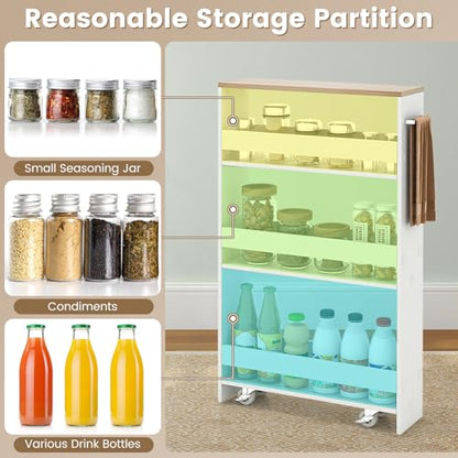 COSTWAY Slim 4-Tier Rolling Utility Cart, Wooden Shelving Unit with Handle & Wheels, Ideal for Small Spaces - color: White