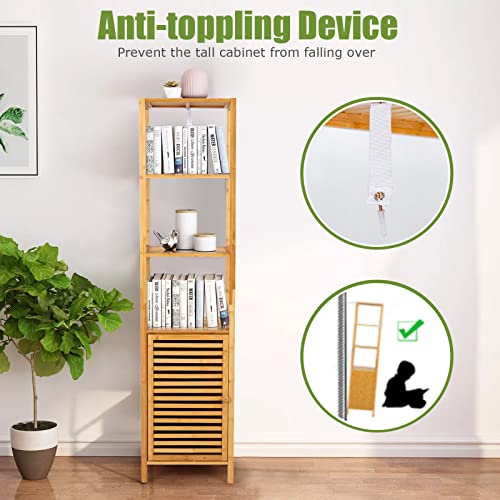 Tangkula Bathroom Cabinet, 65 Inch Tall Slim Bathroom Storage Cabinet with Shutter Door and 3 Open Shelves, Narrow Multifunctional Tower Cabinet, Natural Bamboo, 15.5 x 14.5 x 65 Inch - style: Tall Cabinet