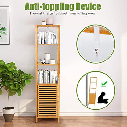 Tangkula Bathroom Cabinet, 65 Inch Tall Slim Bathroom Storage Cabinet with Shutter Door and 3 Open Shelves, Narrow Multifunctional Tower Cabinet, Natural Bamboo, 15.5 x 14.5 x 65 Inch - style: Tall Cabinet