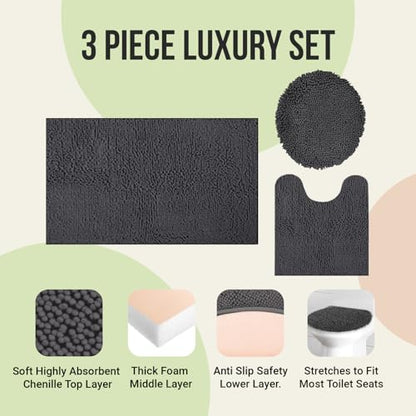 ITSOFT Standard 3pc Non-Slip Shaggy Chenille Bathroom Mat Set, Includes 24"x21" U-Shaped Contour Toilet Rug, 34"x21" Bathmat and 1 Toilet Lid Cover, Charcoal Gray - color: Charcoal Gray, size: 24''x21’’, 34’’x21’’ and TLC (Set)