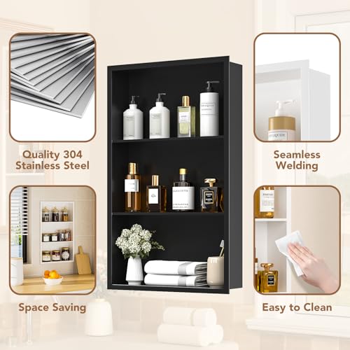 14x24 Recessed Medicine Cabinet, Bathroom Wall Cabinet, 304 Stainless Steel Recessed Wall Niche with 3-Tiers Shelves, Matte Black - color: Matte Black, size: 14'' x 24''