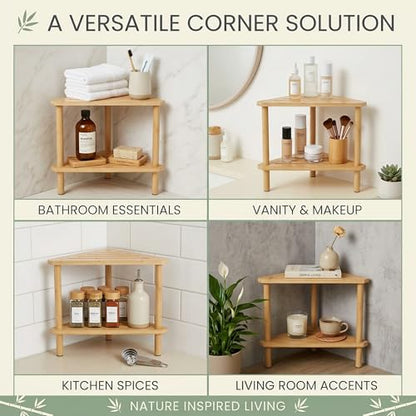 Bamboo Corner Shower Stool, 2-Tier Waterproof Bath Bench with Storage Shelf, Shower Foot Rest for Bathroom Spa Shaving