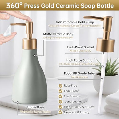Refillable Gold Dispenser for Bathroom Countertop, Modern Dish Soap Dispenser Bottle for Kitchen Soap Pump Lotion, Ceramic Hand Soap Dispenser with Gold Pump (Khaki) - color: Khaki