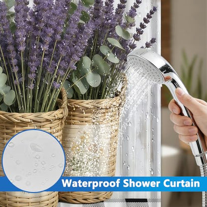 No Hook Floral Shower Curtain with Liner, Lavender Basket Bathroom Shower Curtain and Snap in Liner Set, Summer Bathroom Waterproof Shower Curtains with Mesh Top Window and Weighted Hem, 71x74 Inches - color: Lavender Basket