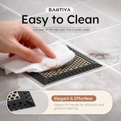 Not Moving Square Shower Drain Hair Catcher, Drain Cover, 6 inch | 304 Stainless Steel and TPE Material/ Efficient Drainage / Easy Clean / Anti-Clogging / Fits Bathroom Hair Catcher for Shower - color: Matte Black & Brushed Gold, size: 6 inch