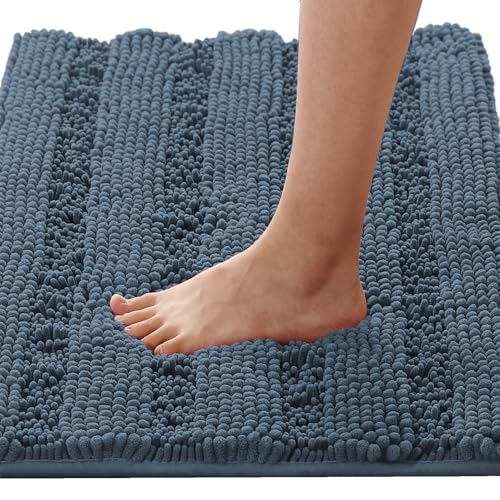 H.VERSAILTEX Bath Mats for Bathroom Non Slip Thick Chenille Striped Bath Rug Absorbent Fluffy Soft Shaggy Rugs Washable Dry Fast Plush Mats for Indoor, Bath Room, Tub - 17" x 24", Blue Indigo - color: Blue Indigo, size: 17" x 24"