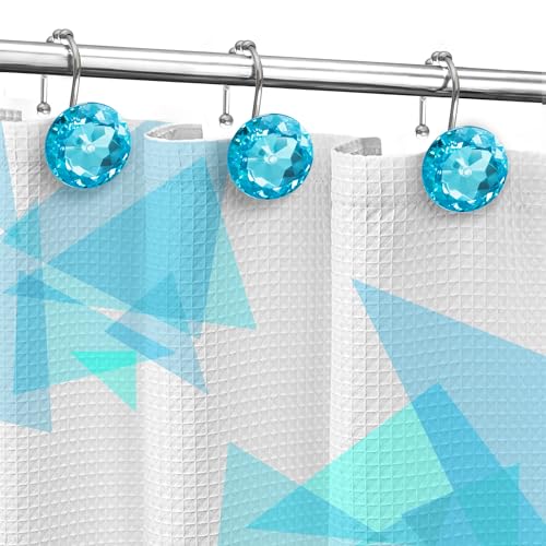 Sunlit Luxury Design Round Aqua Blue Diamond Crystal Gem Bling with Glide Balls Shower Curtain Hooks, Rust Proof Metal Rhinestones Glam Shower Curtain Rings-12 Pack - color: Aqua Blue
