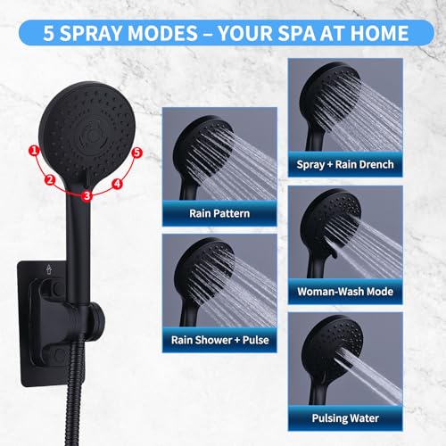 Peicuai Shower Head Combo, 10-Inch High-Pressure Rainfall Shower Head with 11-Inch Adjustable Extension Arm, 5-Setting Matte Black Handheld Shower with Long Hose, Powerful Spray for Low Water Pressure - color: 10-Inch Matte Black
