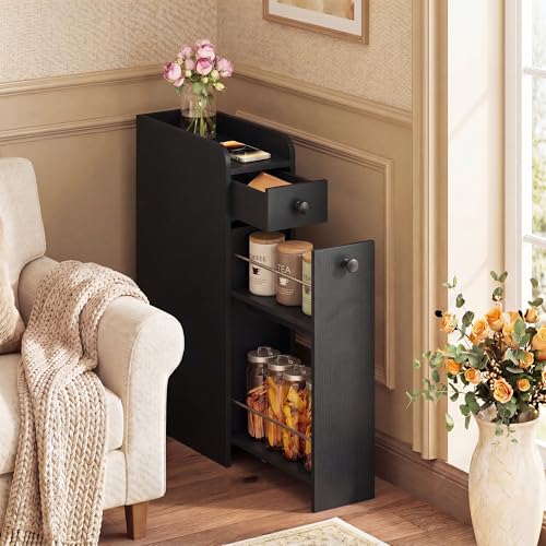 COSTWAY Slim Bathroom Cabinet, Freestanding Narrow Organizer, Black | 7" Wide Space-Saving Storage with 2-Tier Slide-Out Drawer, Shelf & Toilet Paper Holder, for Bathroom, Laundry & Small Spaces - color: Black