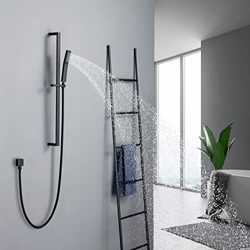Brass Shower Slide Bar Matte Black Hand Shower Head with Slide Bar and Hose, Wall Mount Handheld Shower Wand Holder, Height Adjustable Sliding Bar, Pt003