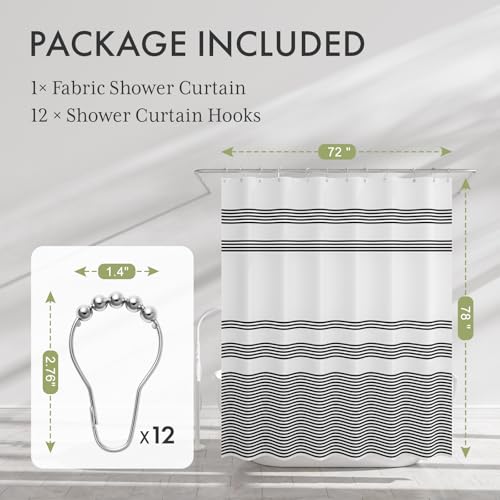AmazerBath Long Shower Curtain, 72x78 Striped Black Fabric Shower Curtain Set with 12 Shower Curtain Hooks, Rustic Cloth Black and White Shower Curtain, Farmhouse Bathroom Shower Curtain Sets - color: A- Black Stripe +12 Metal Hooks, size: 72"W x 78"L (Pa