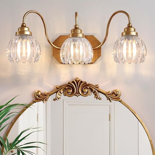 Vintage Gold Bathroom Light Fixtures, 3 Light Clear Tulip Crystal | Brushed Gold Vanity Lights,Matte Antique Brass Finish, Mid Century Style,Wall Sconces for Bedroom,Hallway, Easy to Install - color: Gold, size: 3-Light