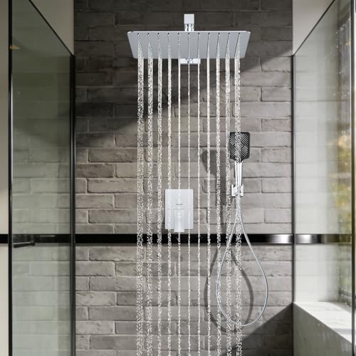Shower System Modern Rain Brass Faucet Set With Valve and Diverter Shower Mixer With Handheld High Pressure Square Rainfall Shower Valve (12'' Wall Mount, Chrome Polished) - color: Chrome Polished, style: 12'' Wall Mount