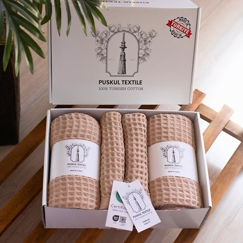 PÜSKÜL - Turkish Waffle Weave Towel Set - 100% Turkish Cotton Long-Staple Cotton, 4-Piece Bathroom Set (2 Bath, 2 Hand Towels) - Made in Turkey (Beige, Towel Set - 2 Hand & 2 Bath Towels) - color: Beige, size: Towel Set - 2 Hand & 2 Bath Towels