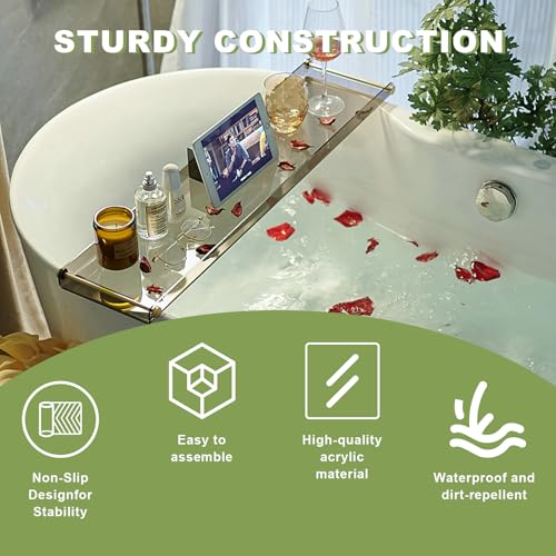 Acrylic Bathtub Tray Caddy, Clear Bath Shelf Tub Rack with Golden Handle | Transparent Black Luxury Bathroom Organizer Tablet Holder for Soap Perfume Skincare, Bath Accessory, Easy to Clean - color: Transparent Black With Handle