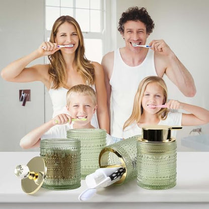 DASITON Bathroom Accessories Set,4Pcs Glass Bathroom Counter Set with Foaming Soap Dispenser,Toothbrush Holder,Bathroom Tumbler,Cotton Swab Jars, for Vanity Bathroom Decor(Green A) - style: Green A