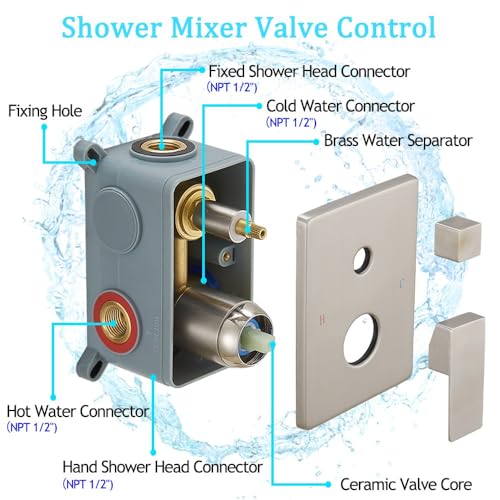 Shower Faucet Combo Set with Shower Spray Wand Large 12 Inch Shower Head Brushed Nickel Surface High Pressure with Rough-in Valve, Brushed Nickel - color: Brushed Nickel, style: 12"- 2 Function