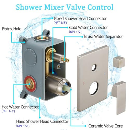 Shower Faucet Combo Set with Shower Spray Wand Large 12 Inch Shower Head Brushed Nickel Surface High Pressure with Rough-in Valve, Brushed Nickel - color: Brushed Nickel, style: 12"- 2 Function