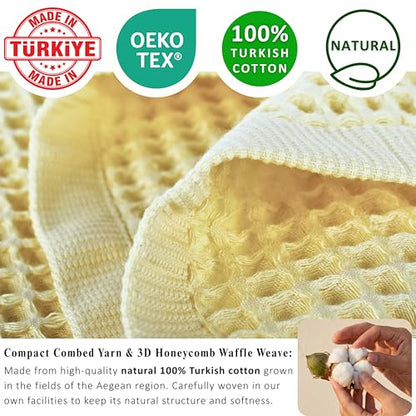 PÜSKÜL Natural 100% Turkish Cotton Waffle Towels Set of 4-Piece, L.-Yellow | 2-Bath sheet (Extra-large 32x63") and 2-Hand towel (Large 32x16"). Premium honeycomb-waffle weave, oeko-tex made in Turkiye. - color: Light Yellow