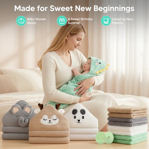 14 PCS Baby Bath Towels Set, Hooded Baby Towels, Baby Bath Essentials | 4 PCS Baby Towels, 8 PCS Washcloths & 2PCS Bath Brush Set for Infants & Toddlers, Ultra Absorbent & Soft for Boys & Girls