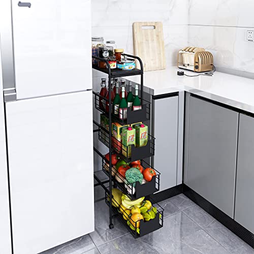 WHIFEA 5 Tier Slim Rolling Cart with Pull-Out Drawers, Multi-Layer Narrow Storage Shelf Organizer on Wheels, Metal Wire Baskets for Fruit, Dishes, Freestanding Unit for Kitchen, Bathroom, Home Office