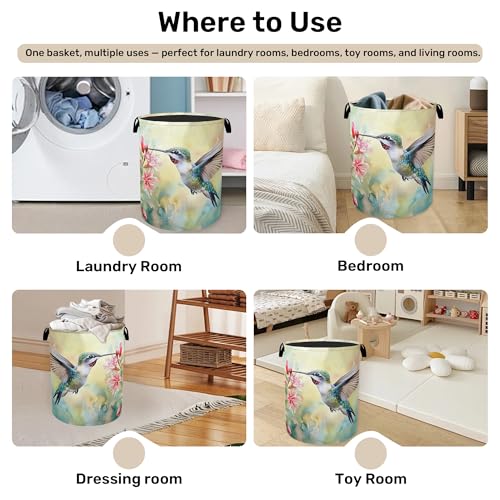 Summer Hummingbird Laundry Basket with Handles - Extra Large Foldable Hamper for Bathroom/Laundry/Bedroom/Dorm, Washable Fabric Storage Bin - color: Summer Hummingbird