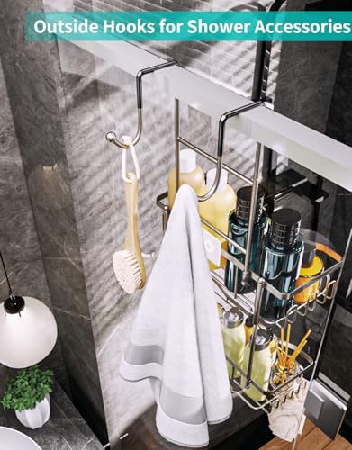 HapiRm Hanging Shower Caddy Over the Door with Soap Holder, No Drilling Adhesive Shower Organizer with 11 Hooks, Rustproof & Waterproof 304 Stainless Steel Bathroom Shelves - Brushed Nickel - color: Brushed Nickel-2