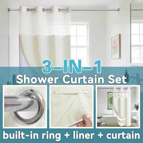 Conbo Mio Stall No Hook Waffle Weave Shower Curtain with Snap in Liner Set, Hotel Luxury Beige Shower Curtains for Bathroom with See Through Top Window, Waterproof, Washable 36W x 74H - color: Waffle-beige, size: 36"W x 74"L (Pack of 1)