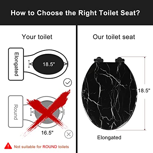 Angel Shield Marble Toilet Seat Durable Molded Wood with Quiet Close,Easy Clean，Quick-Release Hinges (Elongated,Black Marble) - color: Black Marble-Elongated, size: Elongated-18.5”