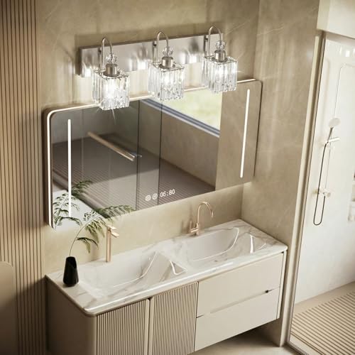 Ralbay Brushed Nickel Vanity Light for Bathroom Crystal 3-Light Modern Crystal Bathroom Light Fixtures - color: Square-Brushed Nickel, size: 3-light