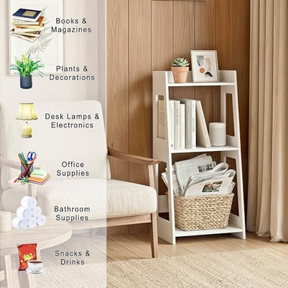3-Tier Bathroom Ladder Shelf Freestanding, 12.6" W x 26" H, PVC | White Floor Shelves, Small Bookshelf, Nightstand, for Home Study, Laundry Room, Open Display Rack, 11.8" Deep - size: 11.0”D x 12.6”W x 26”H