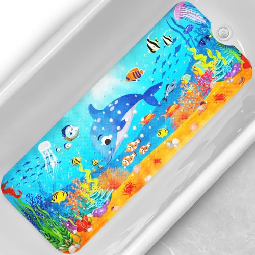 Baby Bath Tub Mat, 40 x 16 Inch Extra Large Non Slip Kids Cartoon Bathtub Shower Mats with Suction Cups & Drain Holes, Machine Washable for Bathroom, Undersea Dolphin - color: Undersea-dolphin