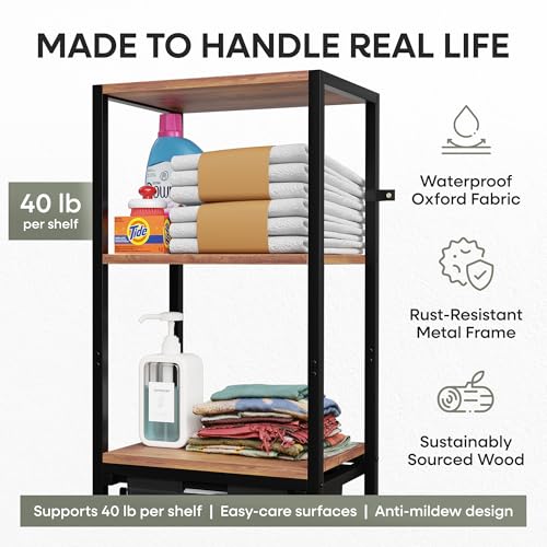 Tilt-Out Laundry Hamper with Shelf – 3 Tier Laundry Organizer with Waterproof Fabric Bin | Freestanding Storage Cabinet with Hooks for Bathroom & Bedroom