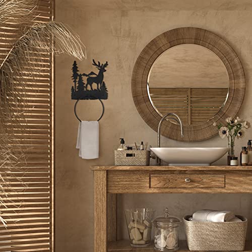 Funrous Deer Towel Holder for Bathroom Matte Black Metal Hand Towel Holder | Rustic Forest Elk Cub Decorative Bath, Toilet Wall Mounted Ring, Hanging Hand Cloth, Round Washcloth Rack Home Kitchen - style: Elk