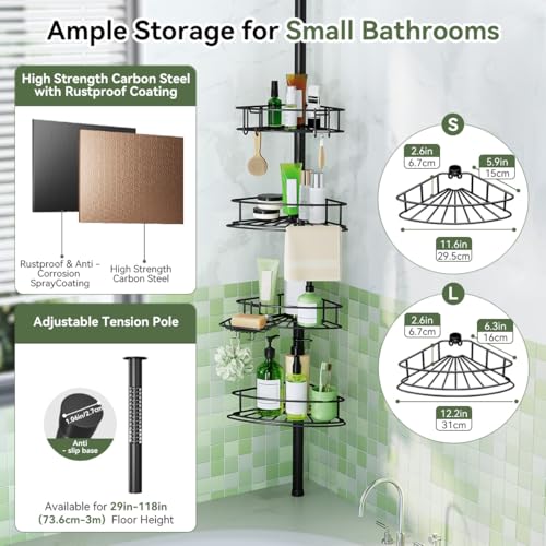 Corner Shower Caddy Tension Pole-4 Tier Adjustable Bathroom Shower Organizer with Soap Holder, Rustproof Shower Shelves Shower Rack for Inside Shower, Bathtub Shampoo Storage 29-118", Black