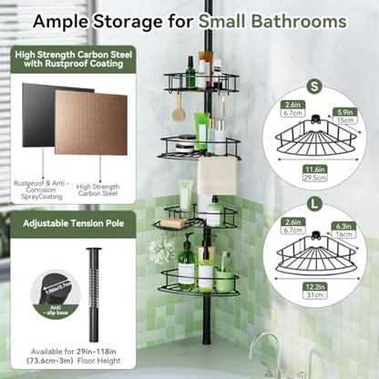 Corner Shower Caddy Tension Pole-4 Tier Adjustable Bathroom Shower Organizer with Soap Holder, Rustproof Shower Shelves Shower Rack for Inside Shower, Bathtub Shampoo Storage 29-118", Black
