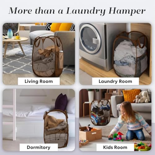 Handy Laundry Collapsible Mesh Pop Up Laundry Hamper with Side Pocket | Sturdy Reinforced Handles, Breathable Foldable Basket for Dorm, Travel, Cruise, Bedroom, 14 x 13 x 24 in, Brown - color: Brown