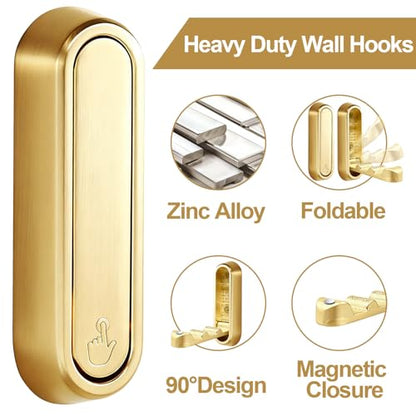 6 Pack Folding Wall Hooks – Heavy Duty Gold Coat Hooks, Foldable Zinc Alloy Wall Mount Hooks for Hanging Coats, Hats, Towels, Bags, Keys, Robes, Christmas Socks & Wreaths – Holds up to 55 lbs - color: Gold 6 Pack