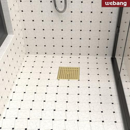 6 Inch Square Shower Drain Gold Floor Drain with Flange Square Holes Pattern Cover Grate Removable SUS304 Stainless Steel Watermark&CUPC Certified Brushed Gold - color: Brushed Gold, size: 6 Inch