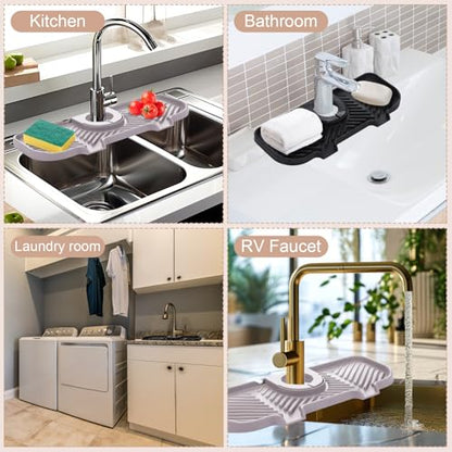 Teenyyou 2 Pcs Silicone Faucet Splash Guard 10.6 ” x 4.3” Kitchen Sink Splash Guard Faucet Mat for Kitchen Mat Catcher Black and Grey Sink Accessories for Bathroom