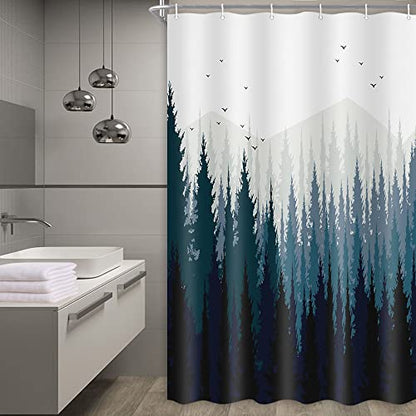 JAWO Stall Shower Curtain Fabric 36 X 72 Inch, Rustic Mountain Forest Scenery Small Shower Stall Curtain Bathroom Set with Hooks - color: Blue, size: 36"W x 72"L (Pack of 1)